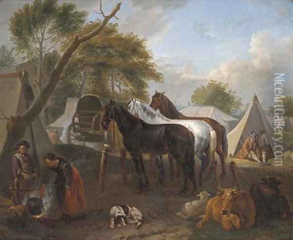 A military encampment with figures cooking in the foreground Oil Painting - Pieter van Bloemen