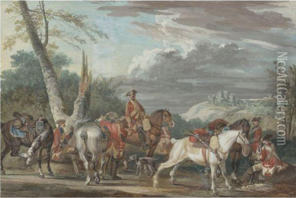 Cavalry Party At Rest At The Side Of A Road Oil Painting - Jean-Baptiste Le Paon