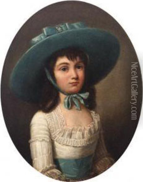 Portrait Of Penelope Merton, Half Length, Wearing A Blue Hat Oil Painting - Henry Robert Morland