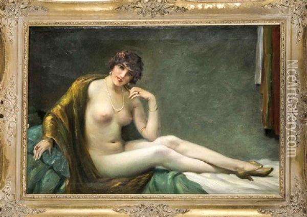 Lieblich Blickende, Sitzenden Nackte Frau In Goldenem Umhang Mit Rotem Edelsteinring Oil Painting - Hans Hassenteufel