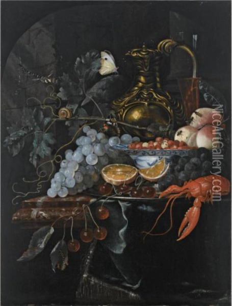 A Still Life With Grapes, 
Strawberries In A Porcelain Bowl, Peaches, A Silver-gilt Jug, A Wine 
Glass, Oranges, Cherries And A Lobster, On A Silver Plate, All On A 
Marble Ledge Draped With A Green Cloth, Together With Two Butterflies, A
 Snail And A Oil Painting - Willem van Mieris