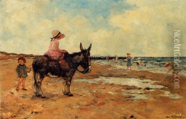 Children And A Donkey On The Beach Oil Painting - Cornelis Koppenol