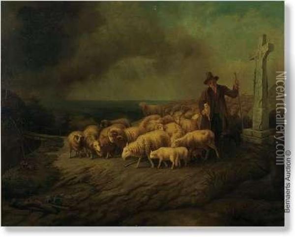 After Shepherd With Storm Approaching. Canvas Oil Painting - Eugene Joseph Verboeckhoven