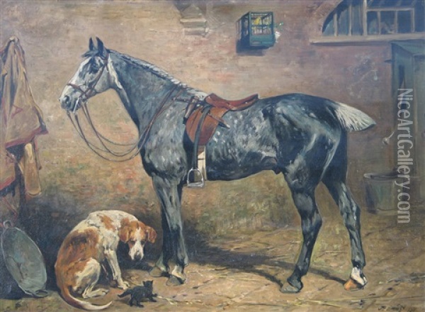 Villager And Buckler - A Grey Hunter, A Hound And A Kitten In A Stable Oil Painting - John Emms