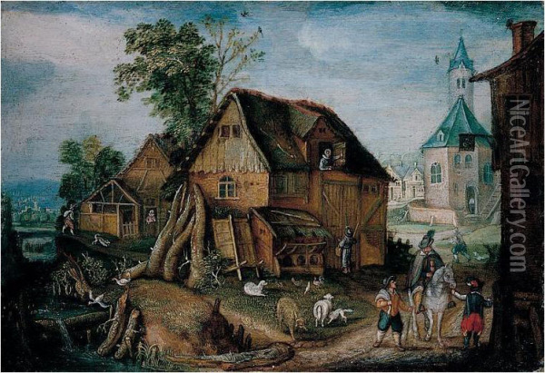 A Village Scene With A Horseman And Farmyard Animals By A River Oil Painting - Mattheus Adolfsz Molanus