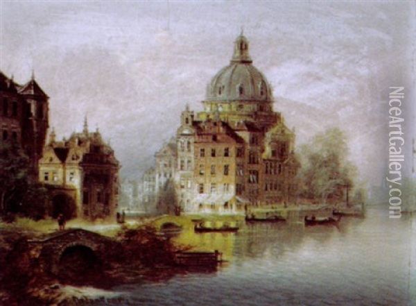 Stadtmotiv Am Fluss Oil Painting - Johann Wilhelm Jankowski