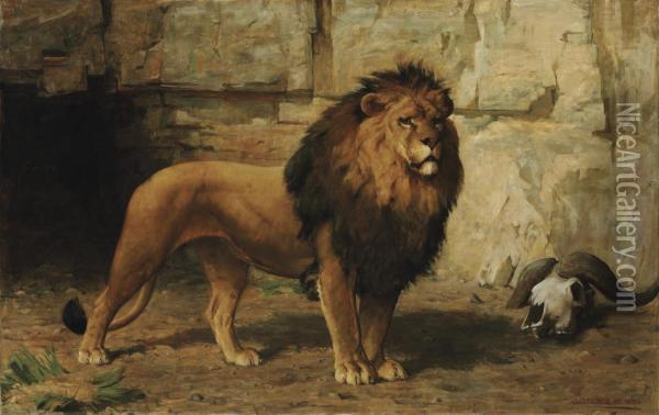 A Lion Guarding His Den Oil Painting - George Goodwin Kilburne