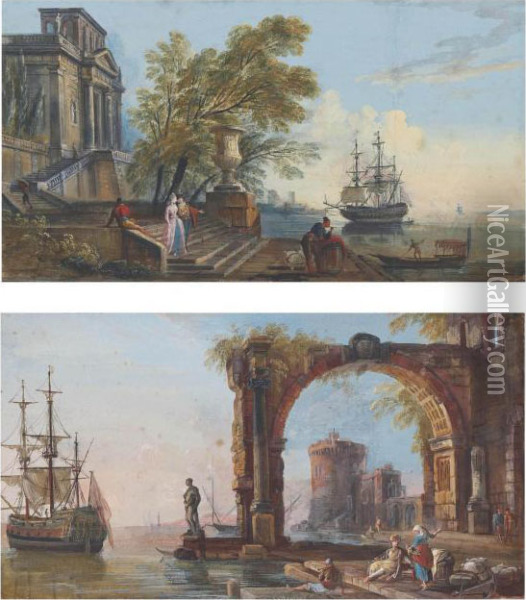 Views Of Classical Harbours, One
 With A Palladian Palace, The Other With A Tower Seen Through A Coffered
 Arch Oil Painting - Jean-Baptiste Lallemand