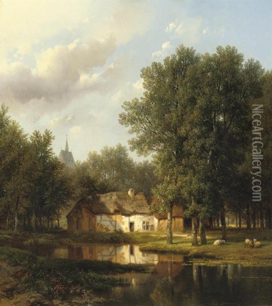 A Sunlit Cottage Near A Pond Oil Painting - Pieter Lodewijk Kuhnen