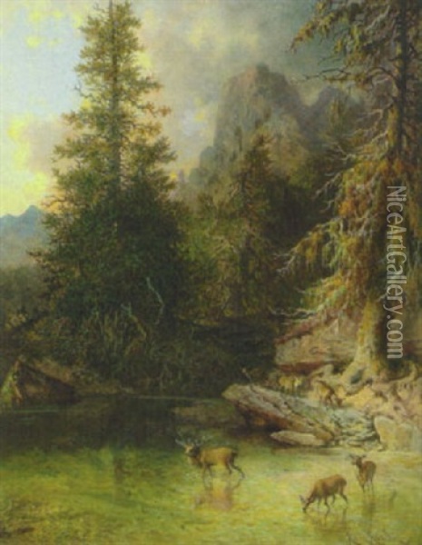 Hirsch Und Hirschkuhe An Der Tranke An Einem Teich Im Gebirge Oil Painting - Heinrich Heinlein