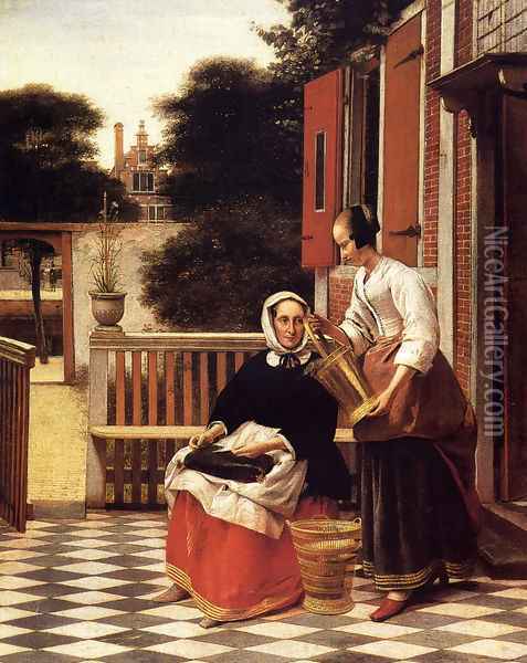 Woman and a Maid with a Pail in a Courtyard Oil Painting - Pieter De Hooch