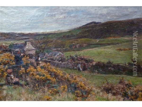 Workers On A Gorse Bank Oil Painting - Joshua Anderson Hague
