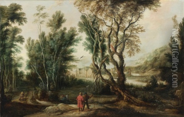 Bandits In A Wooded Landscape; And Figures In A Wooded Landscape, A Village Beyond (2) Oil Painting - Jan Wildens