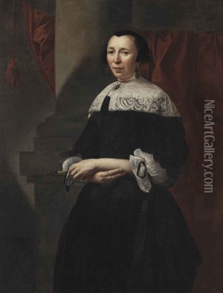 Portrait Of A Lady, Three-quarter-length, In A Black Dress With White Lace Sleeves, A White Lace Collar And A Black Lace Cap And Wearing Onyx Earrings... Oil Painting - Christoffel Pierson