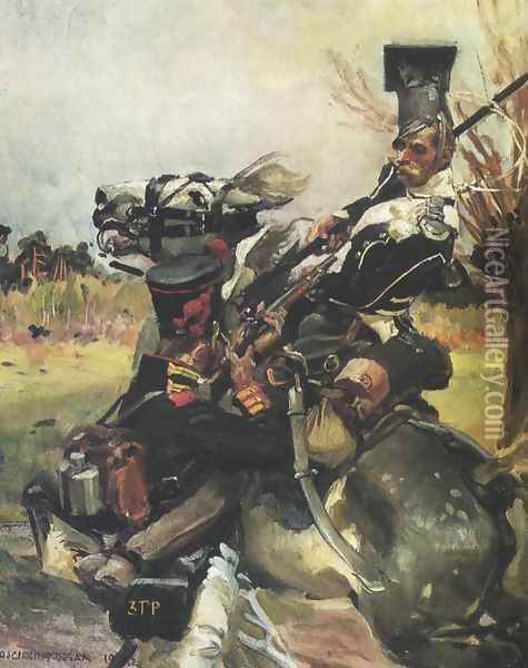 Fight between a Uhlan and a Foot Soldier Oil Painting - Wojciech Kossak