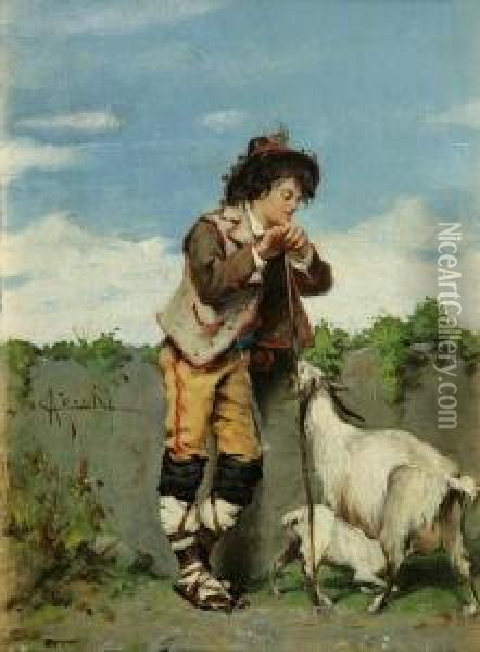 Trachtenbub Mit Ziegen An Der Dorfmauer Oil Painting - Adriano Cecchi