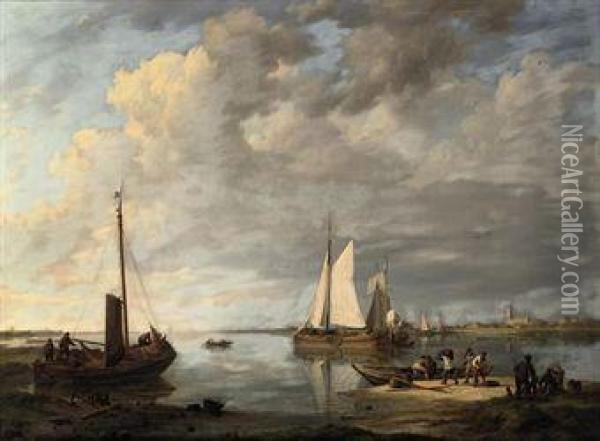 Shipping On A Calm Estuary Oil Painting - Johannes Hermanus Koekkoek