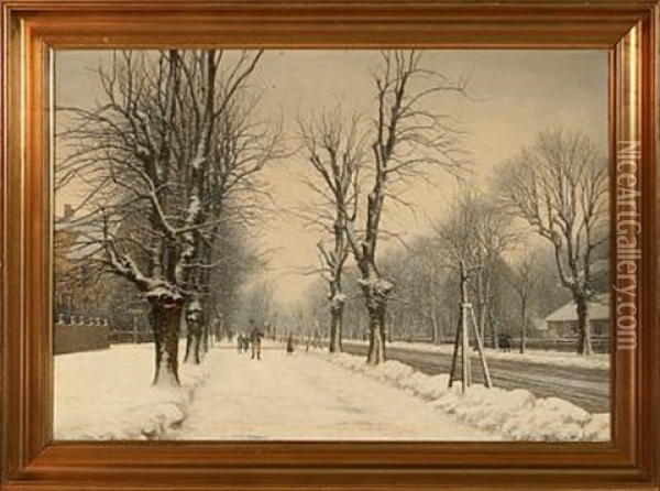 Frederiksberg Alle In Snow Weather, Denmark Oil Painting - Siegfried Hass