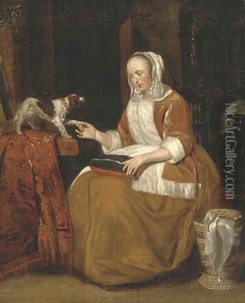 A lady seated in an interior, with a dog on a partly draped table Oil Painting - Gerard Ter Borch