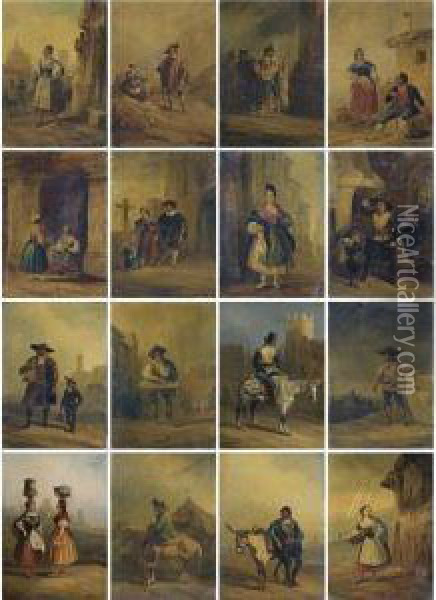 Sixteen Costumbrista Scenes With Spanish Folkloric Types Oil Painting - Genaro Perez Villaamil Y Duguet