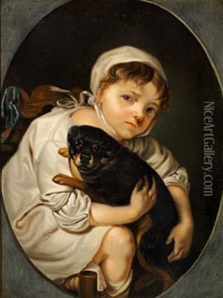 Girl With Dogs (+ Boy With Dogs; 2 Works After J. B. Greuze) Oil Painting - Hans Hansen