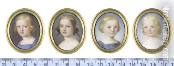 Portrait Miniatures Of Children: The Boys, Wearing Blue Square-necked Dresses...; The Girls, Wearing Plain White Dresses (4 Works) Oil Painting - John Haslem