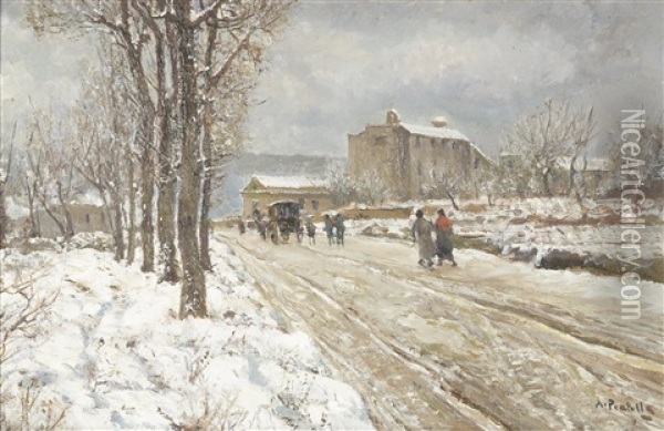A Winter Landscape With Figures On A Road Oil Painting - Attilio Pratella