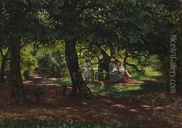 Three Young Women Under The Chestnut Tree Oil Painting - Viggo Pedersen