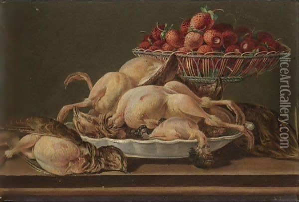 Still Life With Plucked Game And A Basket Filled With Strawberries Oil Painting - Miguel Parra