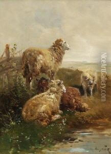 Schafe Am Wasser. Oil Painting - Henry Schouten