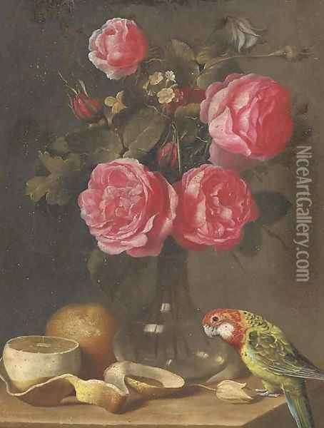 Roses in a glass vase, a partly-peeled lemon and a parrot on a ledge Oil Painting - Ambrosius the Younger Bosschaert
