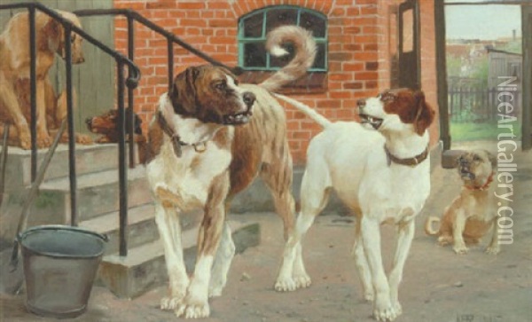 Gardsplads Med Hunde Oil Painting - Karl Frederik Christian Hansen-Reistrup