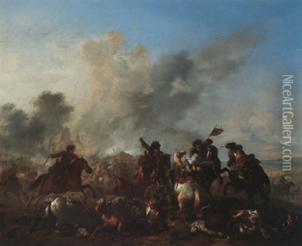 A Cavalry Engagement Before A Burning Church Oil Painting - Jan van Huchtenburg