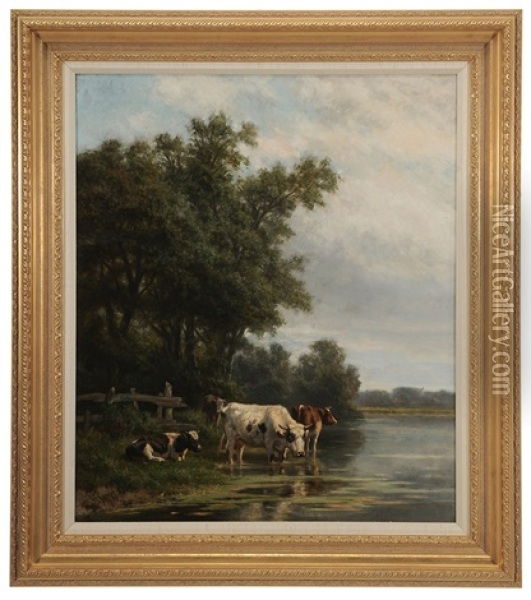 Cows In Stream Oil Painting - Hendrik Savry