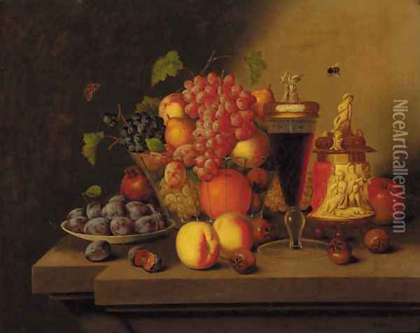 Grapes, oranges, peaches, pears and plums in a glass bowl Oil Painting - Georg (Johann G.) Seitz