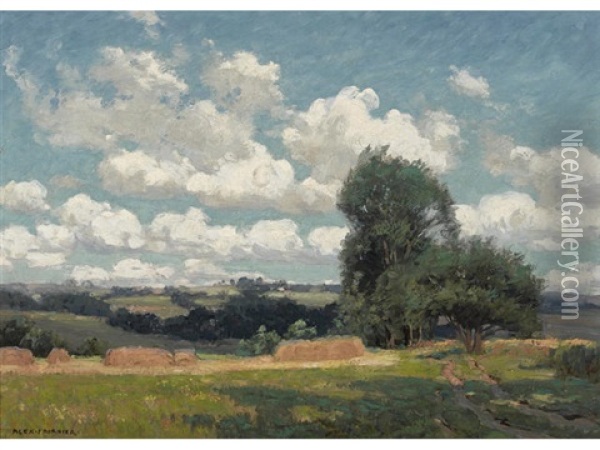 Haystacks And Trees Under Scattered Clouds Oil Painting - Alexis Jean Fournier