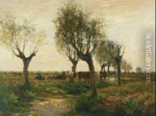 Cattle In An Evening Landscape Oil Painting - Johannes Karel Leurs