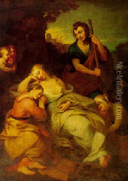 Psyche And Her Companions Sleeping In A Landscape Oil Painting - Anton von Maron