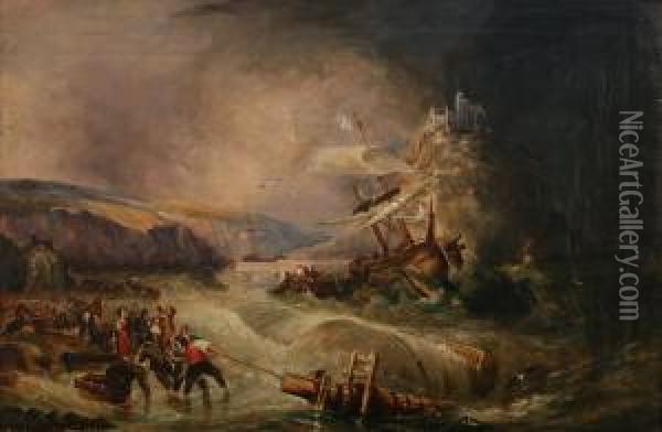 Coastal Landscape With Figures In A Boat Rescuing People From A Wreck Oil Painting - William Eddowes Turner