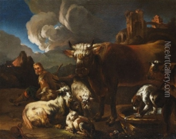 Lagernder Hirte Mit Herde Vor Arkadischer Landschaft Oil Painting - Jacob (Rosa di Napoli) Roos