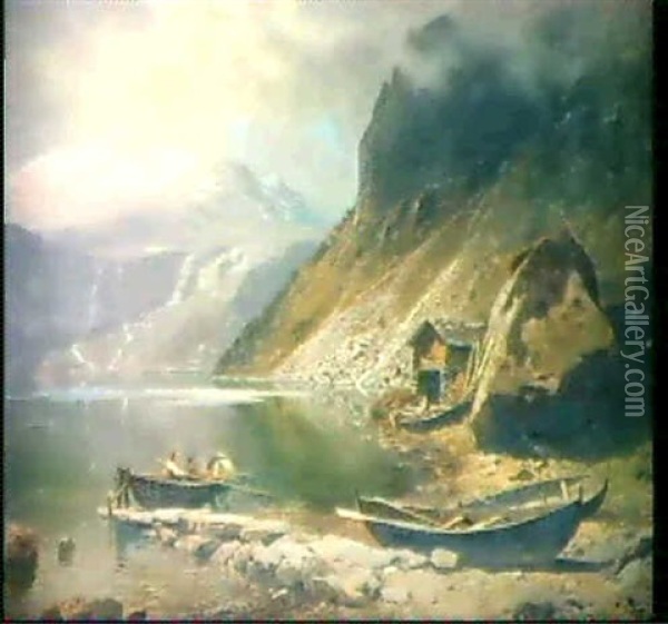Bergsee Mit Fischerbooten Oil Painting - Oskar Leu