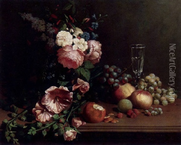 Stilleben Mit Obst Und Blumenstraus Auf Einem Tisch Oil Painting - Adriana Johanna Haanen