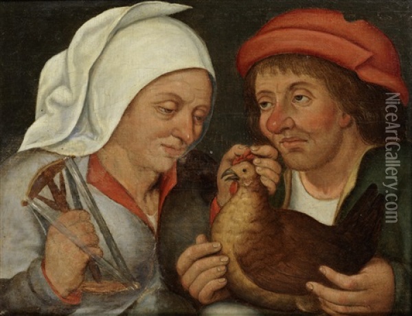 Two Peasants With A Hen And A Spindle Oil Painting - Pieter Brueghel the Younger