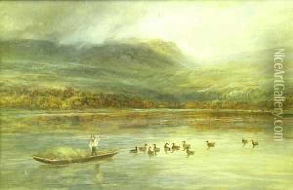 Lake Landscape With Figure In Punt Oil Painting - Charles Thomas Burt