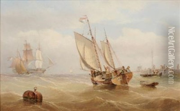 A Dutch Trader Leaving Port, Figures By A Jetty And A Three Master Off Shore Oil Painting - Henry Redmore