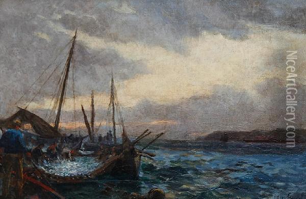 Unloading The Catch Oil Painting - Alexander Carruthers Gould