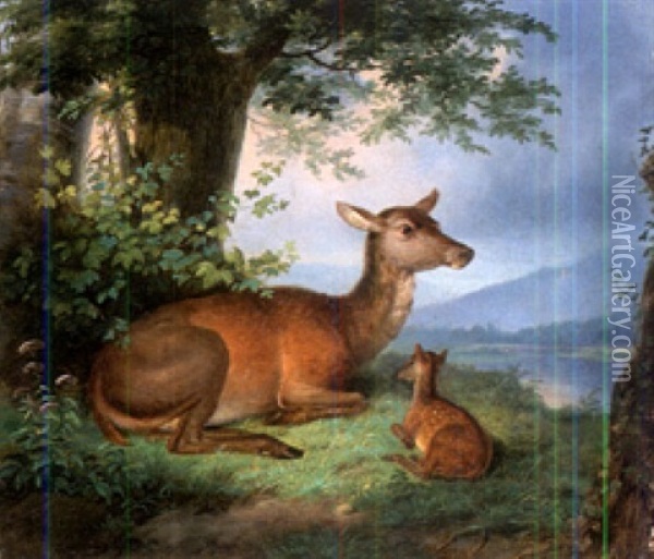 Rotwild In Wiener Auenlandschaft Oil Painting - Johann Frankenberger