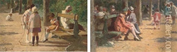 Children In A Park (+ A Couple On A Park Bench; Pair) Oil Painting - Victor Gabriel Gilbert