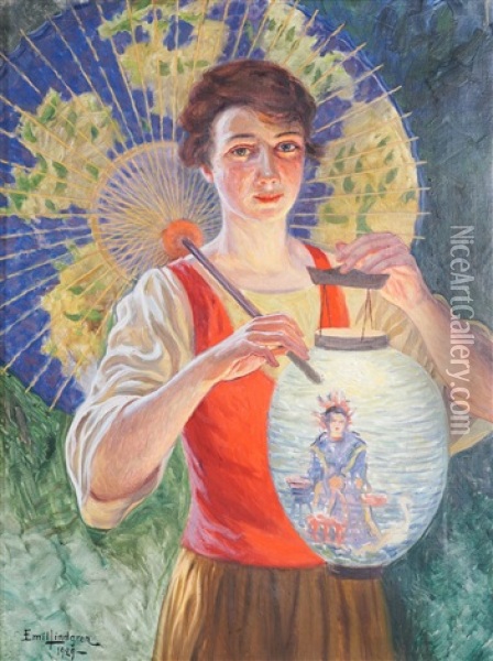 Ung Kvinna Med Rislykta Och Parasoll Oil Painting - Emil (Harald Emanuel) Lindgren