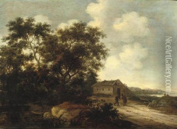 A Wooded River Landscape With Figures Outside A Cabin Oil Painting - Lambert Doomer
